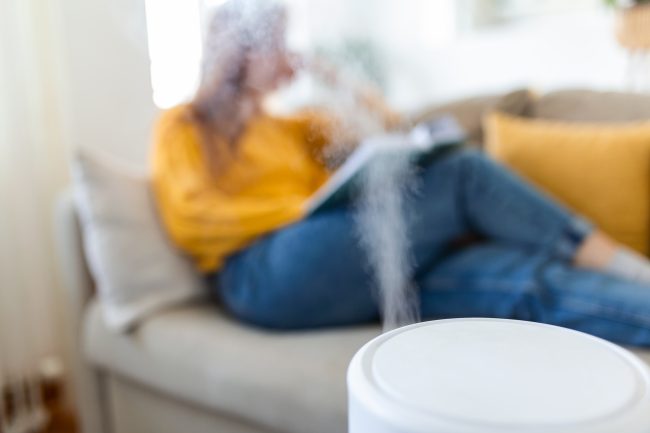 ilustrasi seorang wanita menggunakan air purifier di dalam rumah